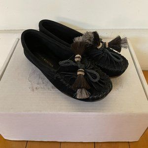 Women's Black Suede Moccasin w/ Calf Hair Tassels